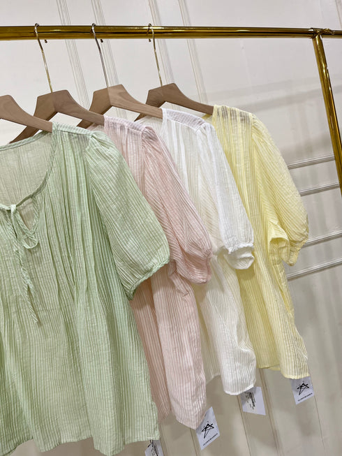 Round Neck Puff Sleeves Transparent Tops